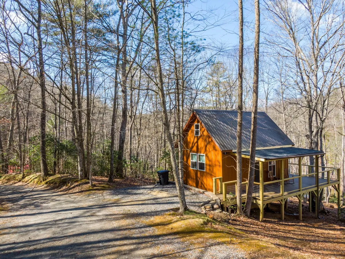 The orange cabin’s front porch is front and center, framed by tall trees and a tranquil natural landscape. The serene setting invites moments of peaceful reflection after a day of adventure, with the porch suggesting a spot to unwind and watch the sunset or prepare for a day exploring the local food and arts scene.